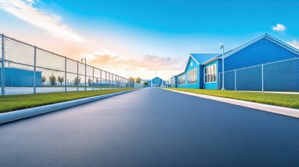 Obraz premium Blue School Building with Asphalt Driveway and Chain Link Fence