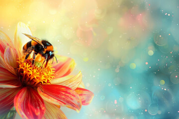 Naklejka premium A bumblebee hovers over a brightly colored flower, gathering pollen as sunlight filters through a soft, dreamy background in a spring garden