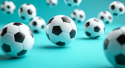 Fototapeta premium Soccer balls on a turquoise backdrop. A dynamic arrangement of soccer balls appears to be floating against a vibrant turquoise backdrop, evoking energy and excitement.