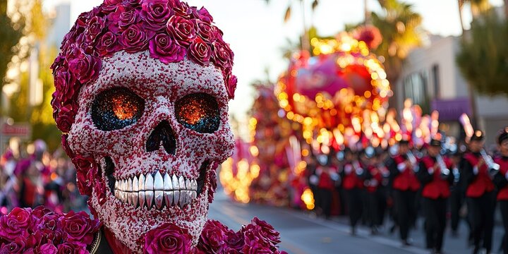 parade float made of roses on city street during celebration