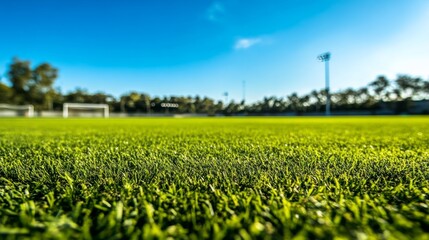 close-up of soccer field grass with vivid green color, goalposts in the distance, and a clear blue sky