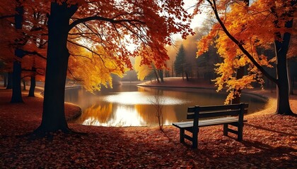 autumn park featuring a lake surrounded by trees with bright yellow and orange leaves, soft sunlight illuminating the scene, a wooden bench by the water's edge, fallen leaves carpeting the ground,
