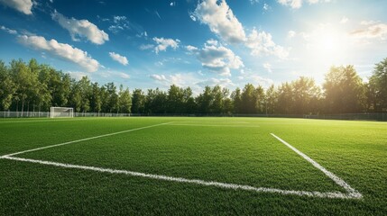 Obraz premium picturesque soccer pitch with vibrant green grass, white markings, and a sunny day with a few scattered clouds