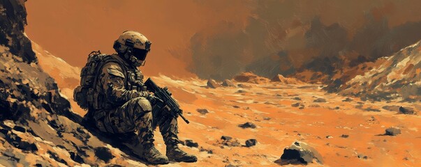 A soldier sits on a rock in a desert.