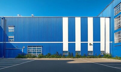 Fototapeta premium A large blue warehouse exterior with white accents, surrounded by greenery under the bright sun on an empty parking lot