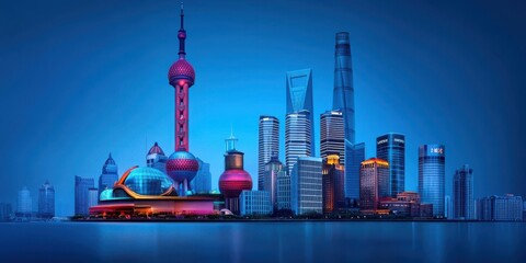 Obraz premium Shanghai Skyline at Night with Illuminated Buildings and Tower