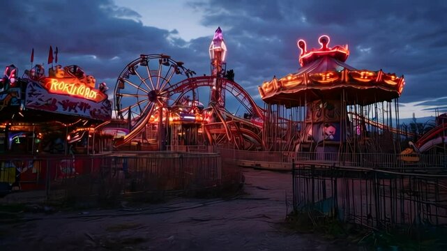 Eerie Nighttime View of an Abandoned Amusement Park