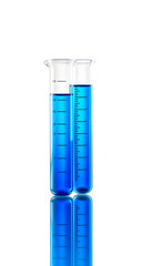 Two Laboratory tubes with blue liquid in measuring beaker with reflection isolated on white isolated with white highlights, png