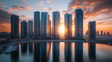 Fototapeta premium A stunning sunset over modern skyscrapers reflecting in calm water.