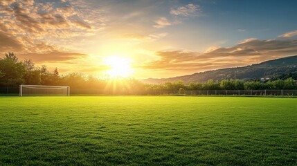 Naklejka premium serene soccer field with lush grass, goalposts, and a backdrop of a bright, clear sky with distant hills
