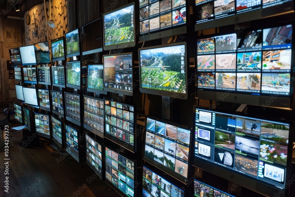 Poster multiple screens are actively showcasing various data feeds and surveillance footage in a high-tech 