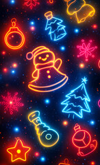 Naklejka premium Neon Christmas decor on dark backdrop. Bright neon lights depict festive ornaments and symbols, creating a joyful holiday atmosphere perfect for celebrating Christmas.
