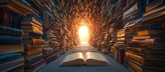 A tunnel of books leading to a bright light, with an open book in the foreground.