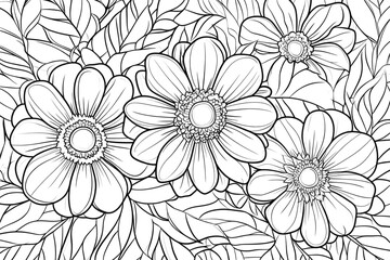 Black and white floral pattern with detailed petals and leaves coloring page