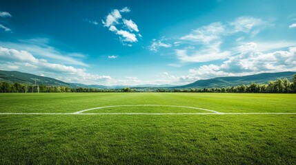 serene soccer field with lush green grass, white boundary lines, and a bright blue sky with distant hills