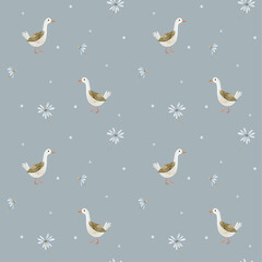 Cute, watercolor pattern with a goose and flowers on a blue background. Watercolor illustration of a seamless pattern in a cartoon style.