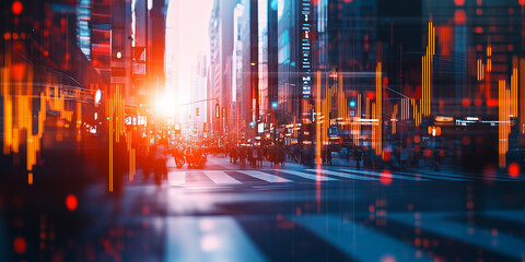 Double exposure of an city street intersection blended with financial graphical elements.