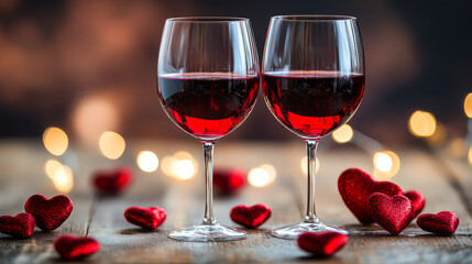 Romantic night with wine and hearts. Two glasses of red wine are placed on a table surrounded by heart-shaped decorations, creating a romantic atmosphere.