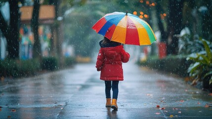 A young girl walks down a wet sidewalk in the rain, holding a colorful umbrella over her head.