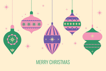Christmas card, banner, cover. Set of festive balls with ornaments. Modern geometric vector illustration.