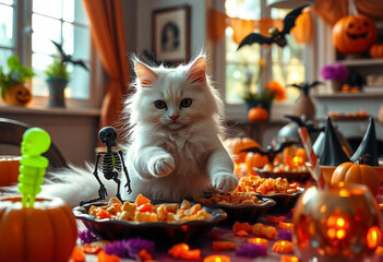 cat with Halloween decorations,created with Generative AI technology
