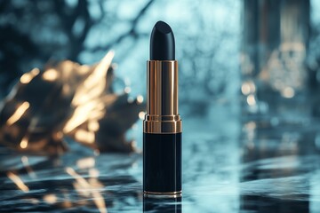 Black lipstick standing on reflective surface with gold foil in background