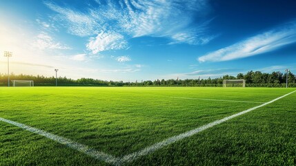soccer field with lush green grass, corner flags, and a serene blue sky with a few scattered clouds