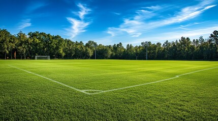 soccer field with lush green grass, corner flags, and a serene blue sky with a few scattered clouds