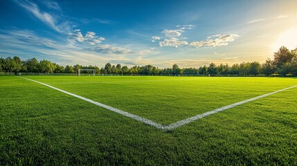 soccer field with lush green grass, corner flags, and a serene blue sky with a few scattered clouds