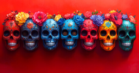 Fototapeta premium Floral skulls on a bright background for Dia de los Muertos. A row of six intricately designed skulls in bright colors with floral decorations, against a vivid red background.