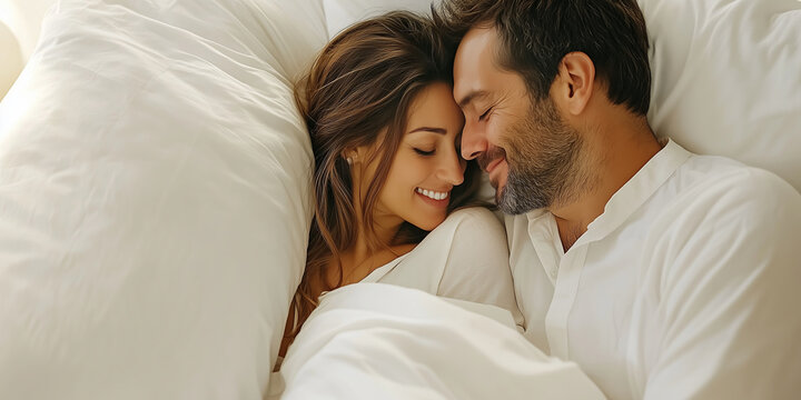 Young loving couple cuddling in bed in the morning. Young man and woman hugging laying on white sheets. Husband and wife in love.