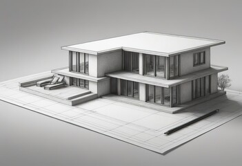 A monochrome illustration featuring a house surrounded by trees and bushes,