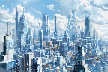 Fototapeta premium The artwork showcases a vibrant urban landscape filled with sleek skyscrapers and futuristic architecture under a bright blue sky and fluffy clouds, reflecting a bustling metropolis.