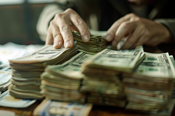 Hands carefully sort and arrange numerous stacks of cash on a wooden table, showcasing the meticulous handling of money in a well-lit environment