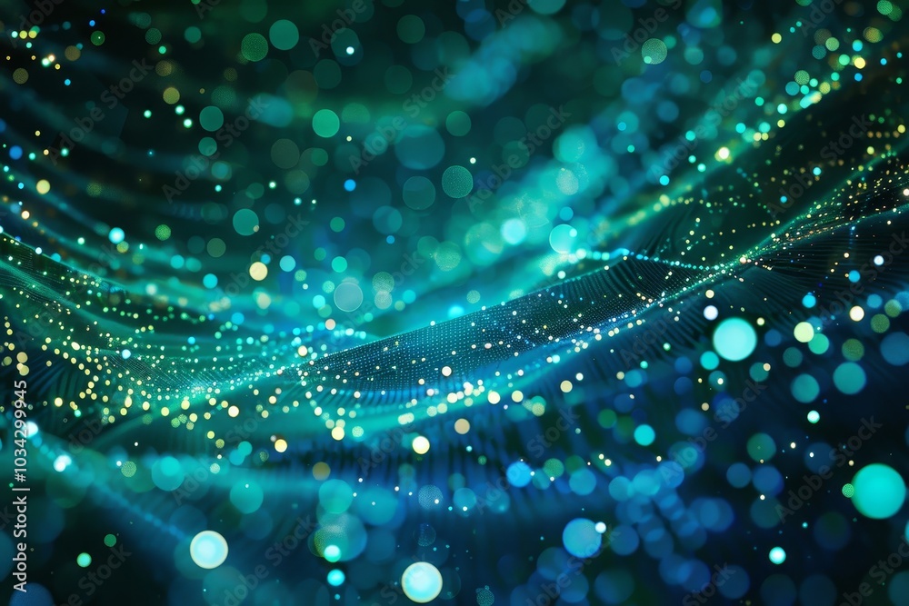 Poster bright blue and green lights shimmer and flow in intricate patterns against a dark backdrop, creatin
