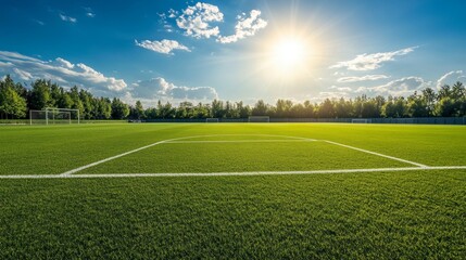Obraz premium soccer field with perfectly maintained grass, clear white lines, and a sunny, cloudless sky in the background