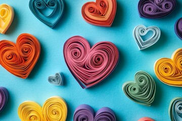 Colorful paper hearts forming a romantic background on blue surface