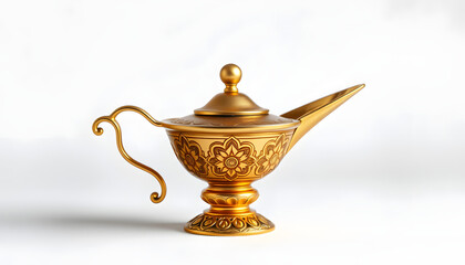 Close up of gold decorated magic lamp isolated in white background isolated with white highlights, png