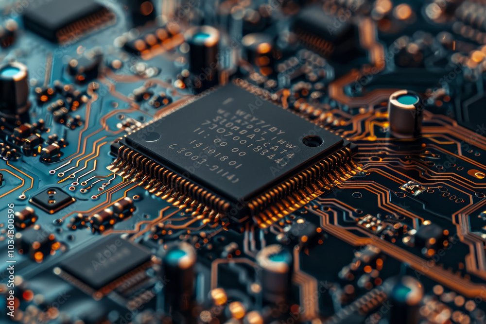 Poster this display highlights a microprocessor mounted on a detailed circuit board, capturing the fine pat