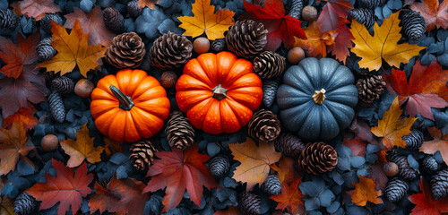 Fototapeta premium Autumn pumpkins and colorful leaves in nature. Vibrant pumpkins sit among colorful autumn leaves and pine cones, creating a festive and seasonal atmosphere for fall.