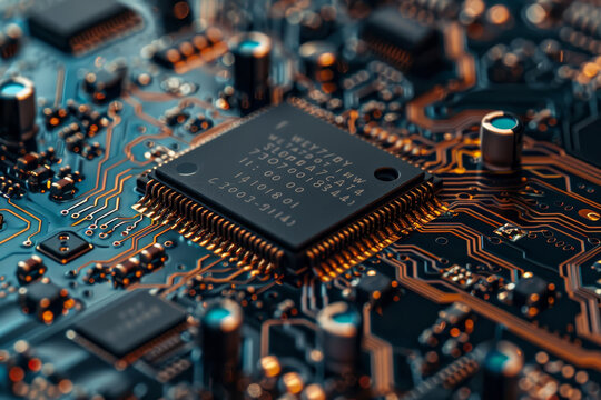 This display highlights a microprocessor mounted on a detailed circuit board, capturing the fine patterns and connections essential for electronic functions