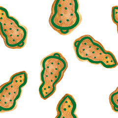gingerbread tree christmas baking holiday cookies with icing seamless pattern watercolor composition isolated on white background base for cards textile tableware