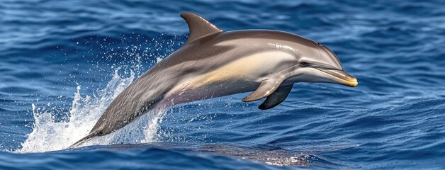 Fototapeta premium Delfin z gracją wyskakuje z żywego, błękitnego morza, tworząc rozpryski, które mienią się w dynamicznym oświetleniu i dramatycznych cieniach