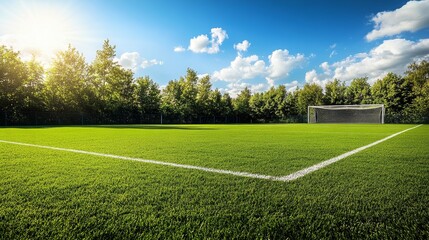well-kept soccer pitch with perfectly maintained grass, white markings, and a bright, sunny day with clear skies