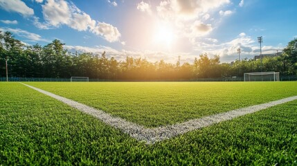 well-maintained soccer field with rich green grass, clear white lines, and a sunny day with a few clouds