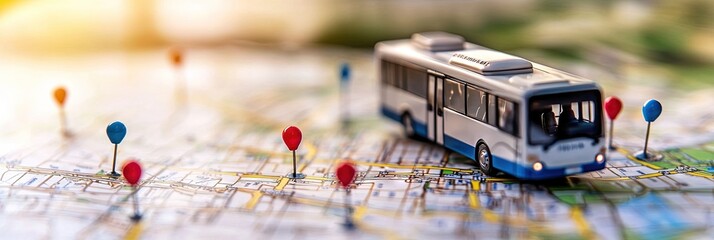 tour bus along with pins and a route mapped across a city layout