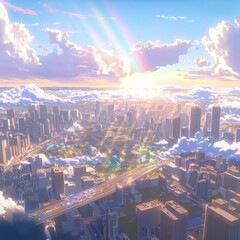 Whimsical Floating City in the Sky with Dreamlike Bridges and Rainbows