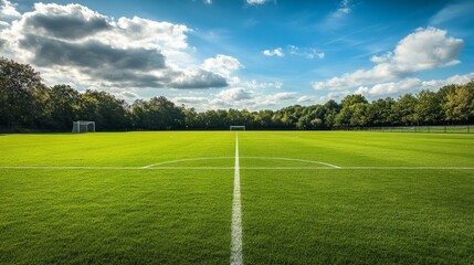 well-maintained soccer pitch with a smooth, green lawn, and white boundary lines, under a partly cloudy sky