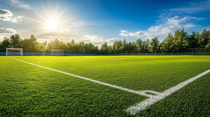 Obraz premium well-maintained soccer pitch with rich green grass, white markings, and a bright, sunny day in the background