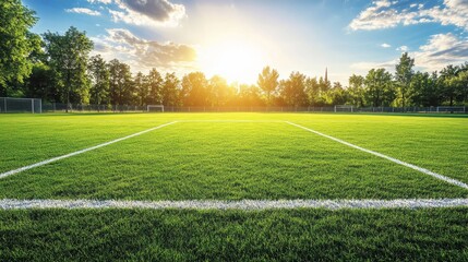 Obraz premium well-maintained soccer pitch with rich green grass, white markings, and a bright, sunny day in the background